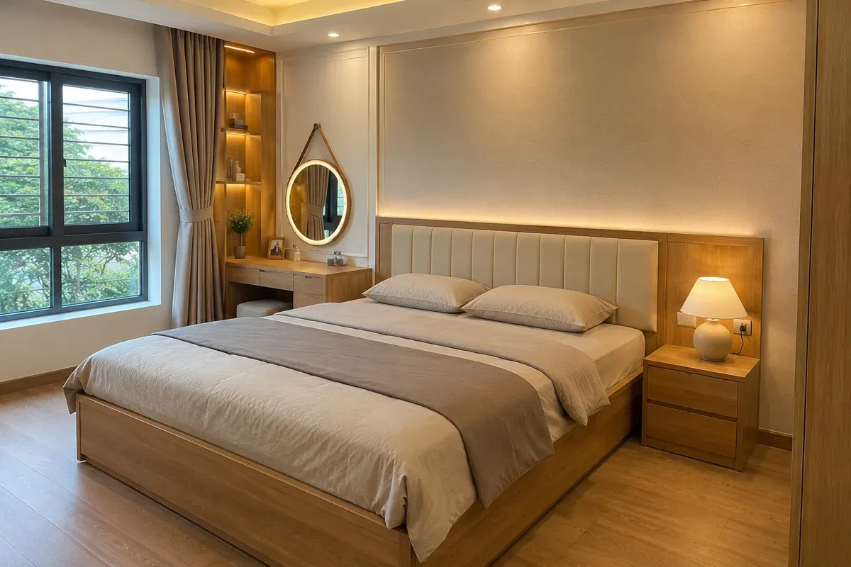Giường gỗ sồi kết hợp đầu giường bọc nệm tạo điểm nhấn sang trọng.
