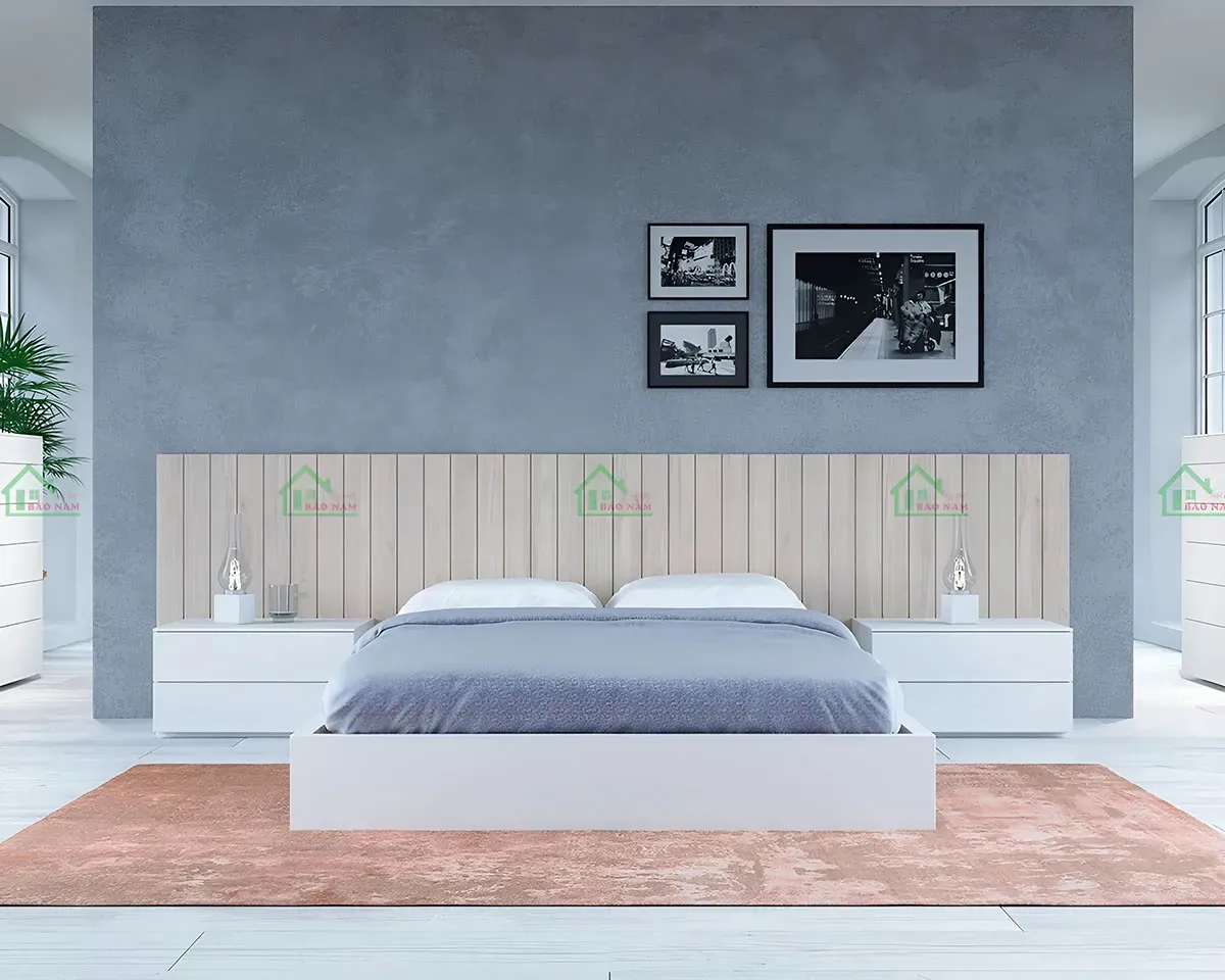 Giường ngủ sử dụng gỗ MDF chống ẩm phù hợp với khí hậu Việt Nam.