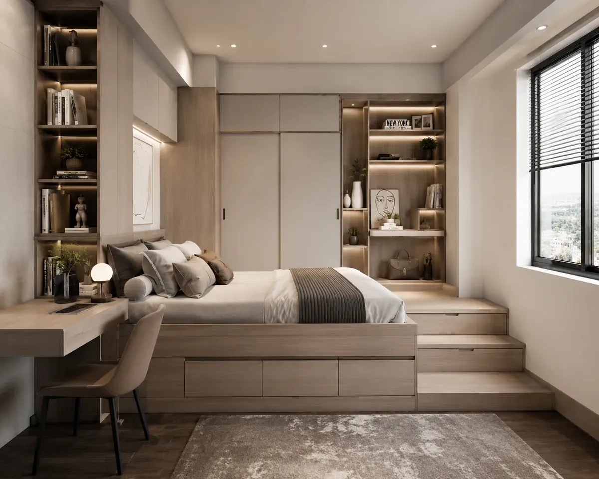 Thiết kế giường giật cấp kết hợp các khoang chứa giúp tận dụng tối đa diện tích cho phòng ngủ nhỏ.