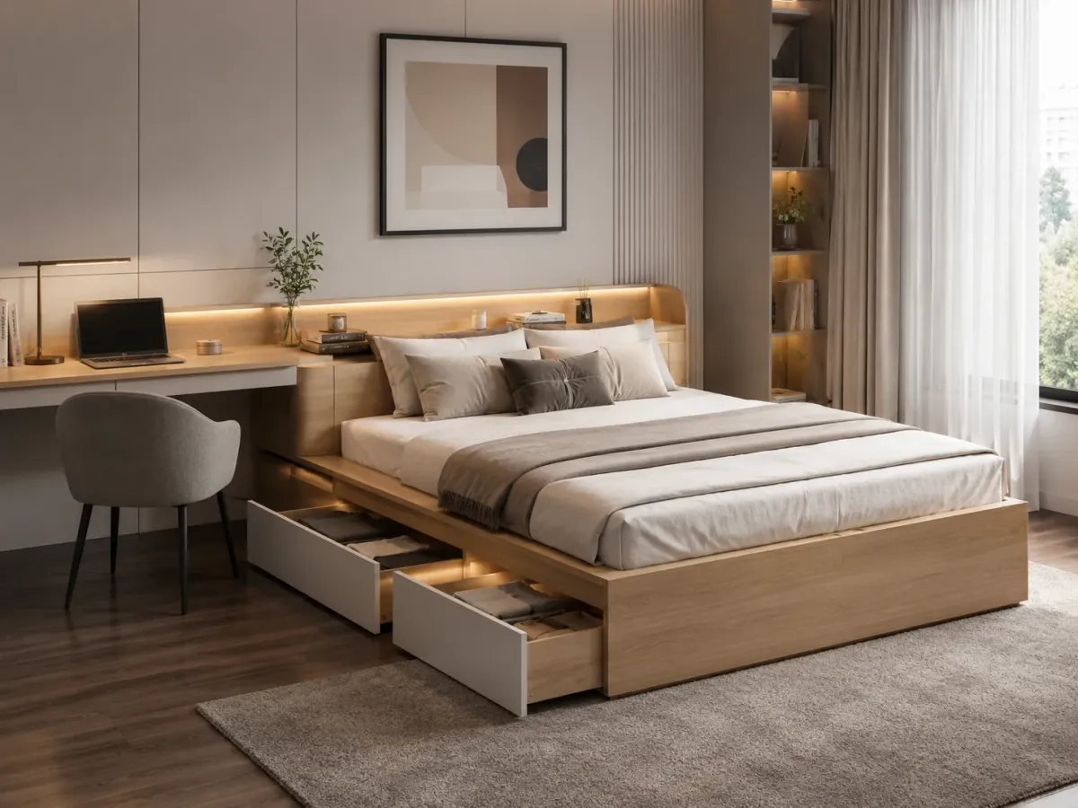 Mẫu giường có ngăn kéo giúp tận dụng khoảng trống dưới gầm giường để lưu trữ chăn ga, quần áo và đồ dùng cá nhân.