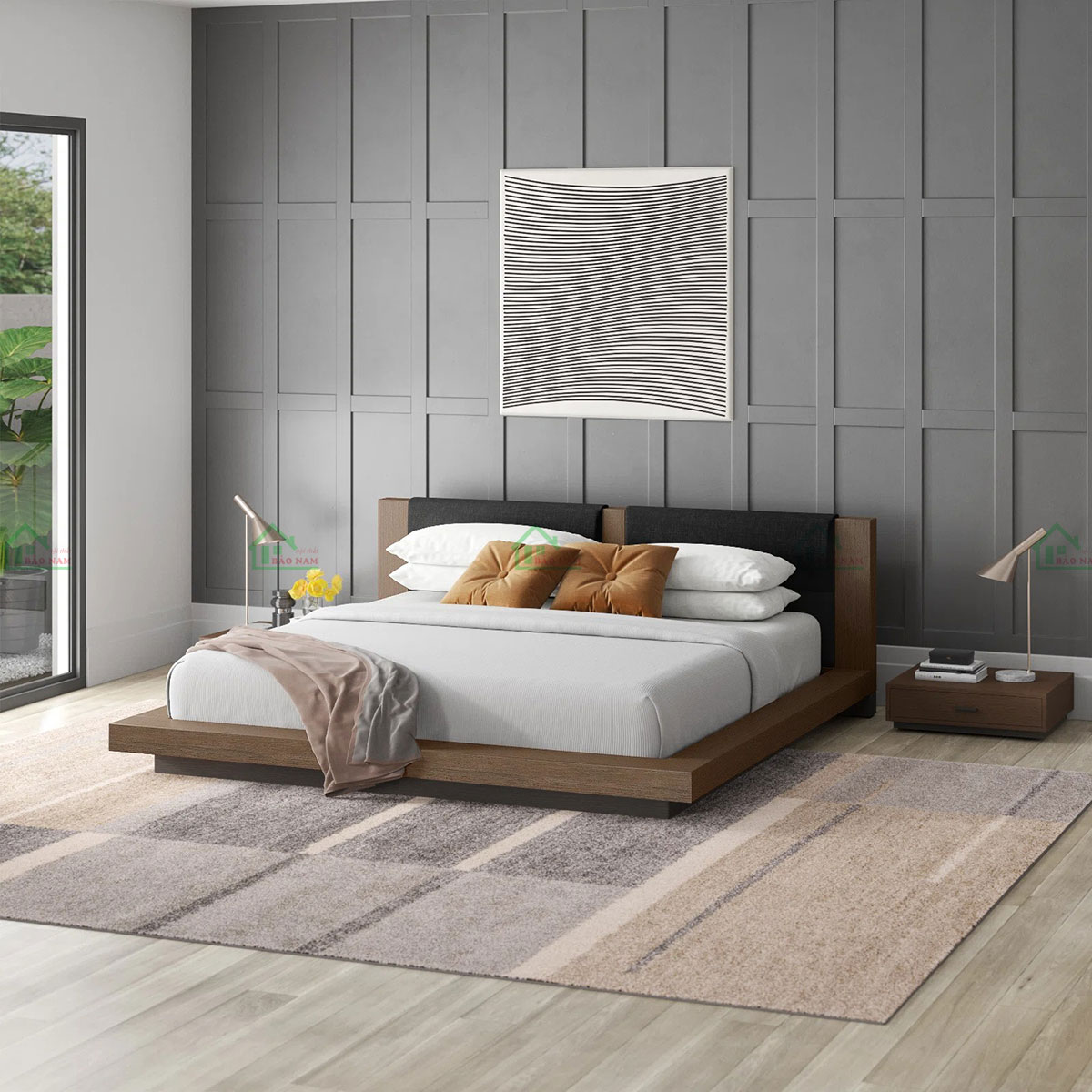 Thiết kế đơn giản, tối giản với kiểu giường bệt thấp, tạo cảm giác thoải mái và hiện đại.