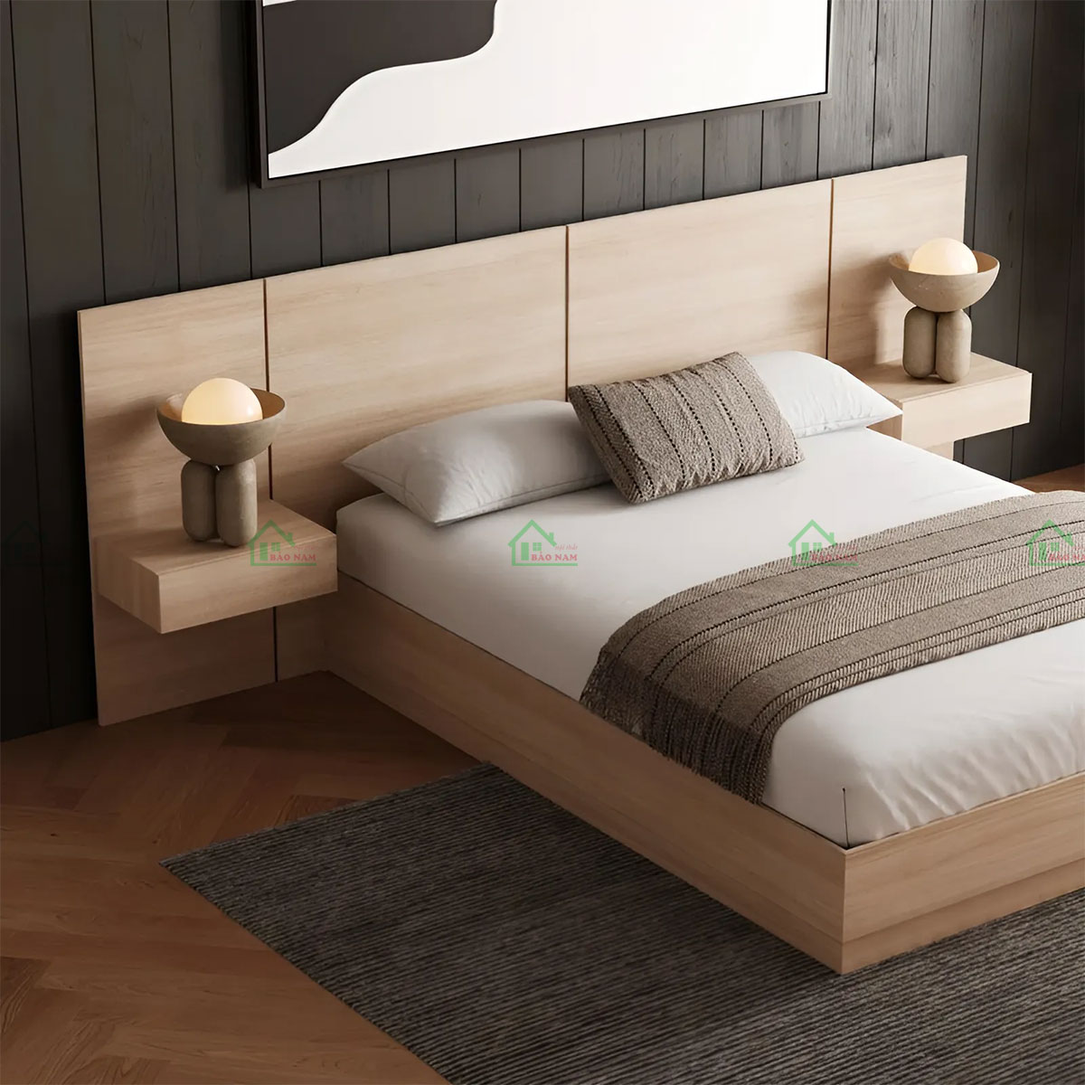 Sử dụng gỗ công nghiệp MDF An Cường chất lượng cao, bề mặt phủ Melamine vân gỗ đẹp mắt.