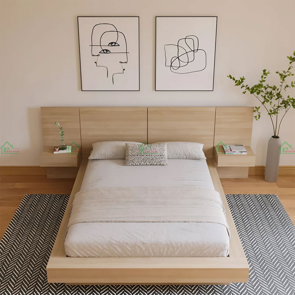 Sử dụng gỗ công nghiệp MDF An Cường chất lượng cao, bề mặt phủ Melamine vân gỗ đẹp mắt.