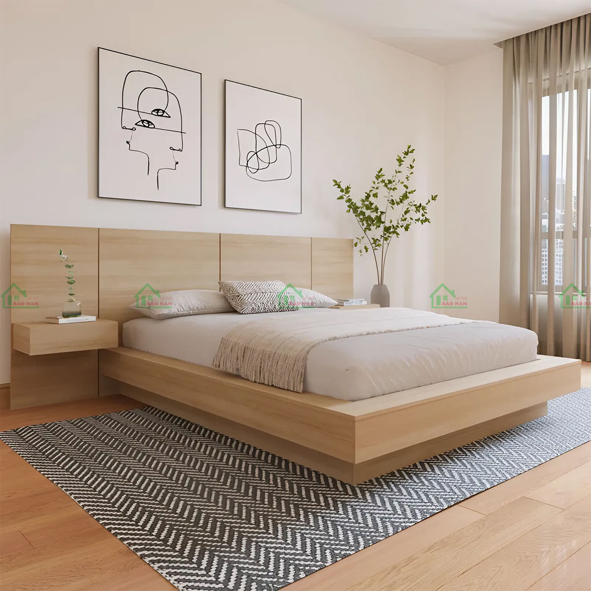 Thiết kế hiện đại, đơn giản với chân giường hộp cao, tạo cảm giác thoáng đãng và dễ vệ sinh.