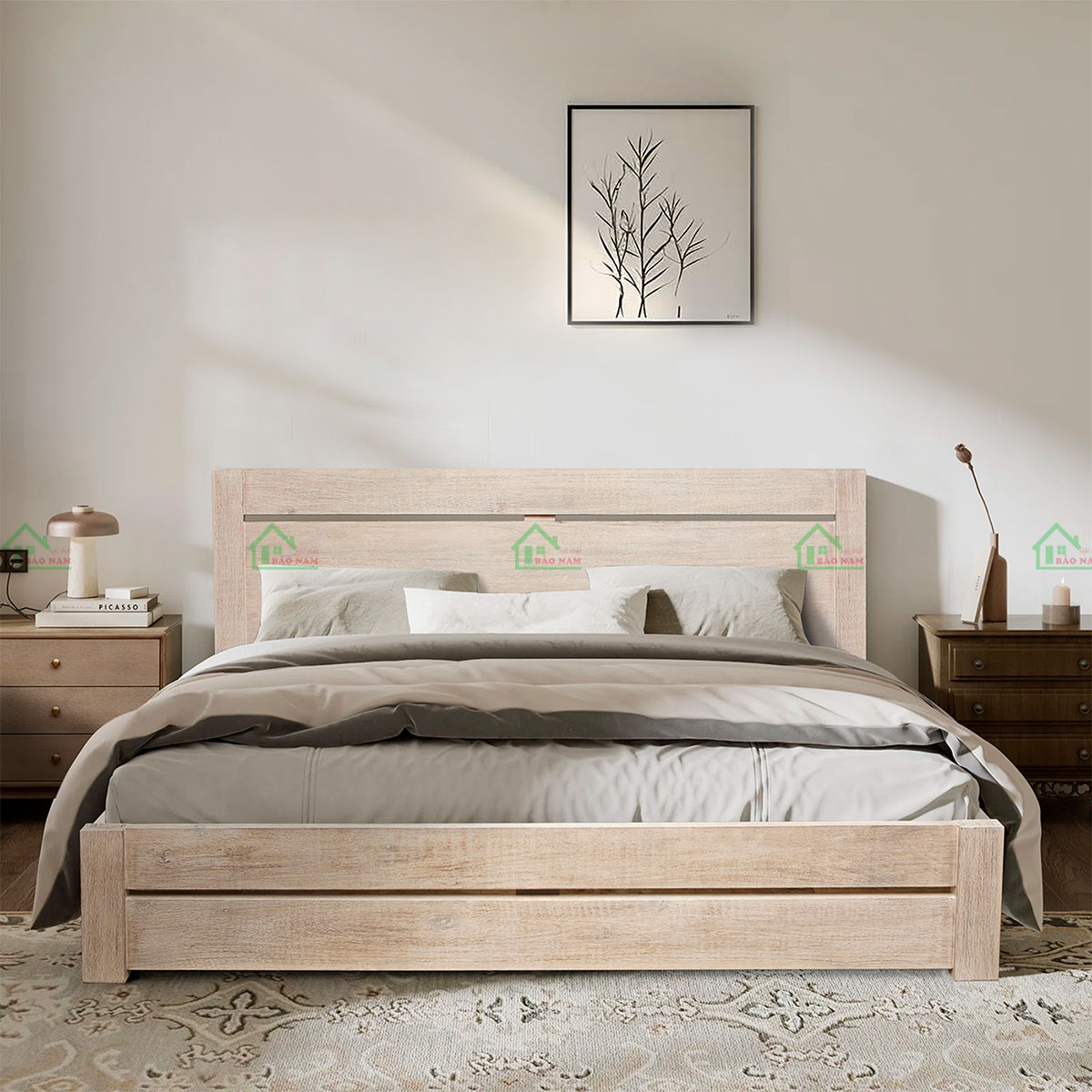 Giường ngủ GTN32 sử dụng Gỗ tự nhiên cao cấp, bền đẹp, vân gỗ đẹp, sang trọng.