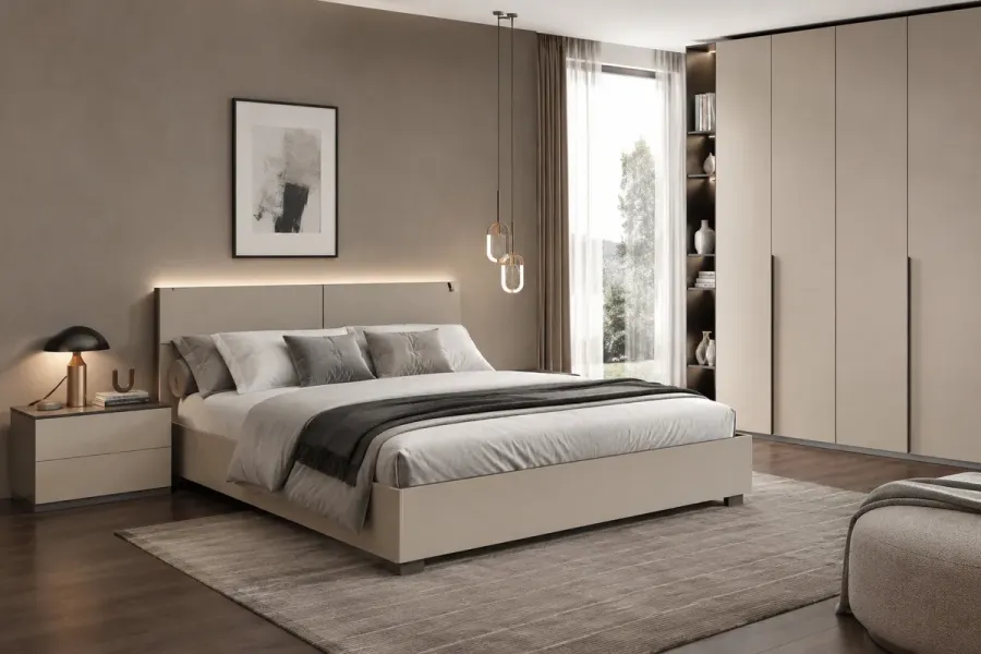 Mẫu giường ngủ hiện đại với thiết kế tối giản, màu sắc trung tính phù hợp phòng ngủ chung cư và nhà phố.