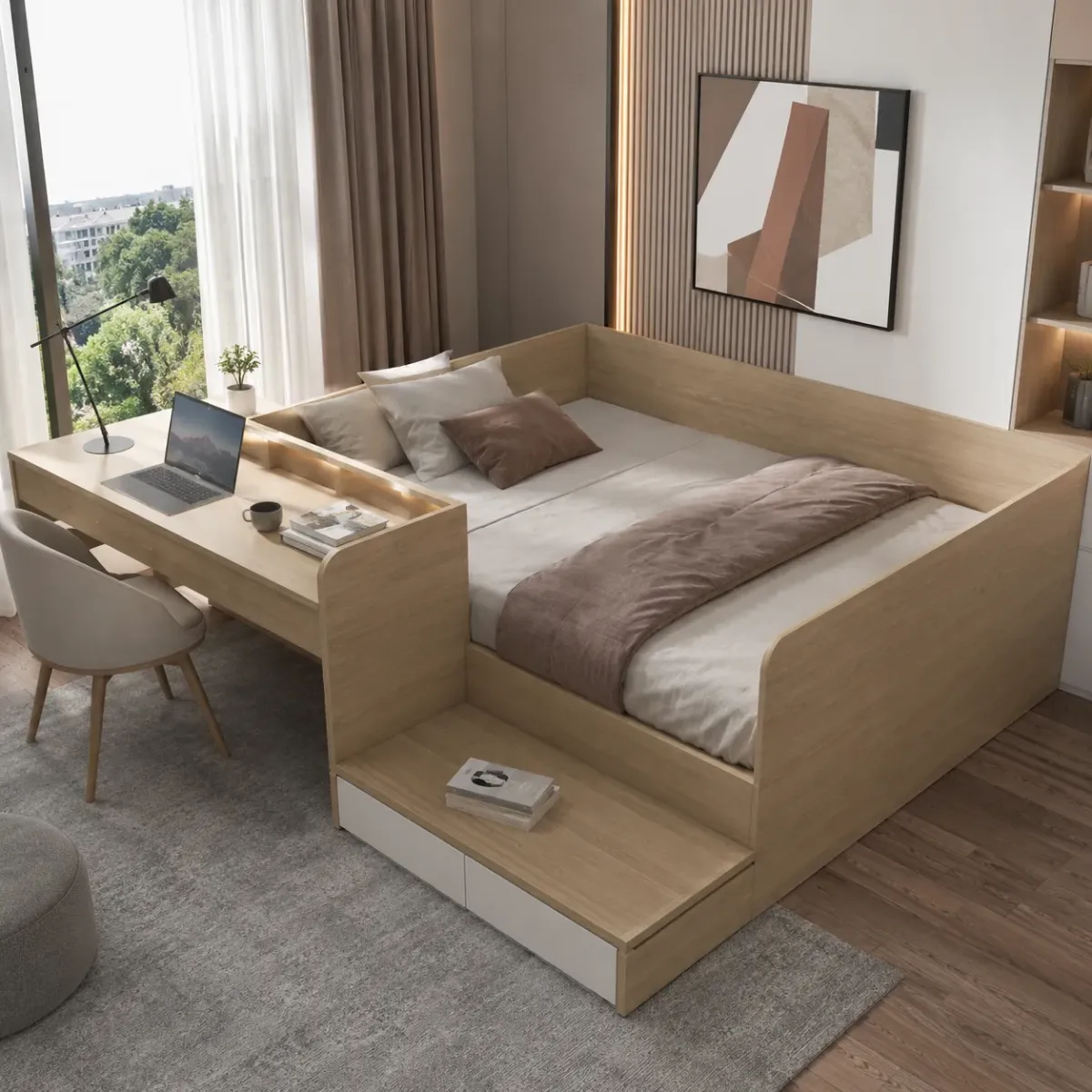Thiết kế giường ngủ kết hợp bàn làm việc phù hợp cho phòng ngủ nhỏ, căn hộ hiện đại hoặc không gian cần nhiều công năng.