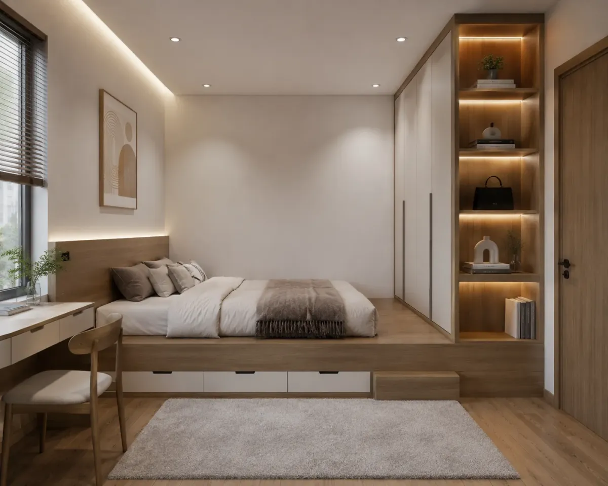 Mẫu giường ngủ kết hợp tủ áo giúp tận dụng không gian lưu trữ, tạo sự đồng bộ và gọn gàng cho phòng ngủ hiện đại.