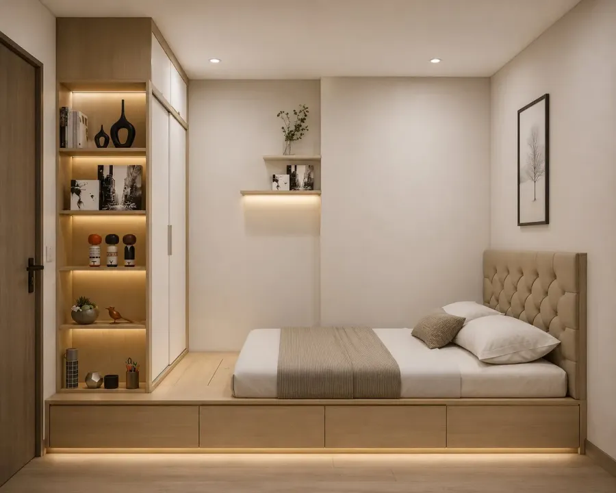 Giải pháp nội thất phòng ngủ thông minh kết hợp giường và tủ quần áo giúp không gian gọn gàng, tiện nghi.