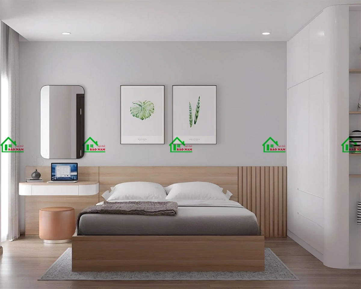 Giường ngủ gỗ kết hợp bàn phấn hiện đại