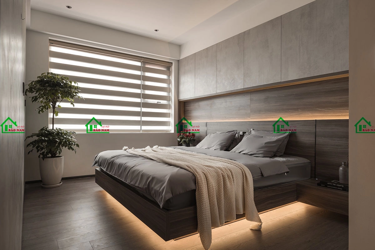 Giường ngủ gỗ công nghiệp MDF tối giản tích hợp LED hắc sáng