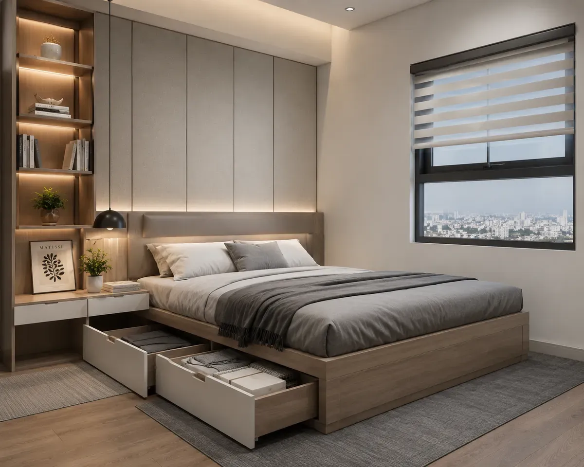Giường gỗ công nghiệp thông minh giúp tối ưu diện tích với thiết kế tích hợp ngăn kéo và khoang chứa đồ.
