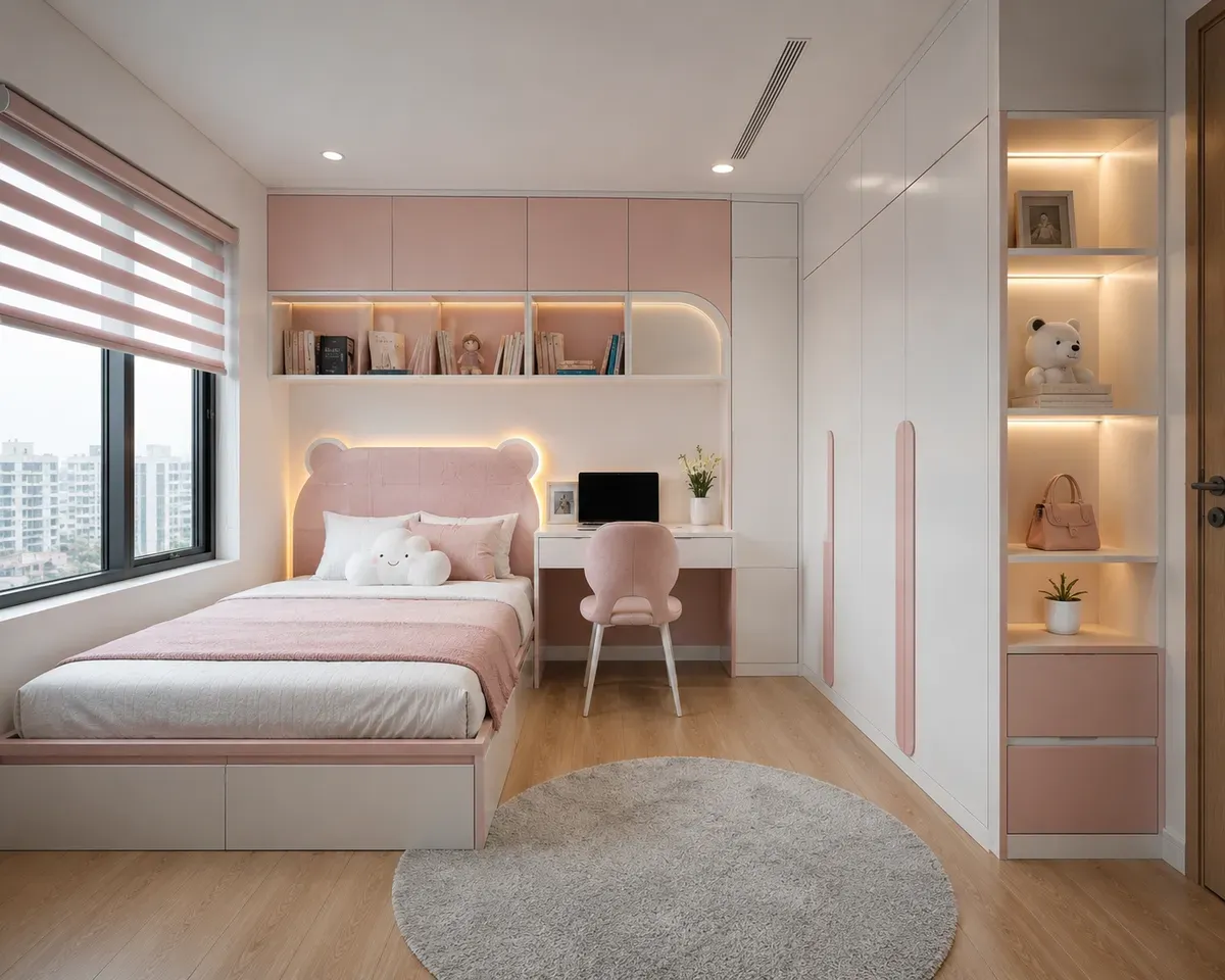 Sự đồng bộ giữa giường ngủ và tủ quần áo giúp không gian phòng trẻ em hài hòa hơn.