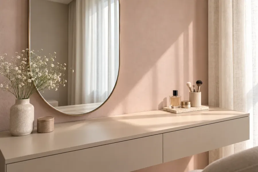Gương được dịch sang trái, nhường phần mặt bàn bên phải cho nước hoa và đồ dùng hằng ngày.
