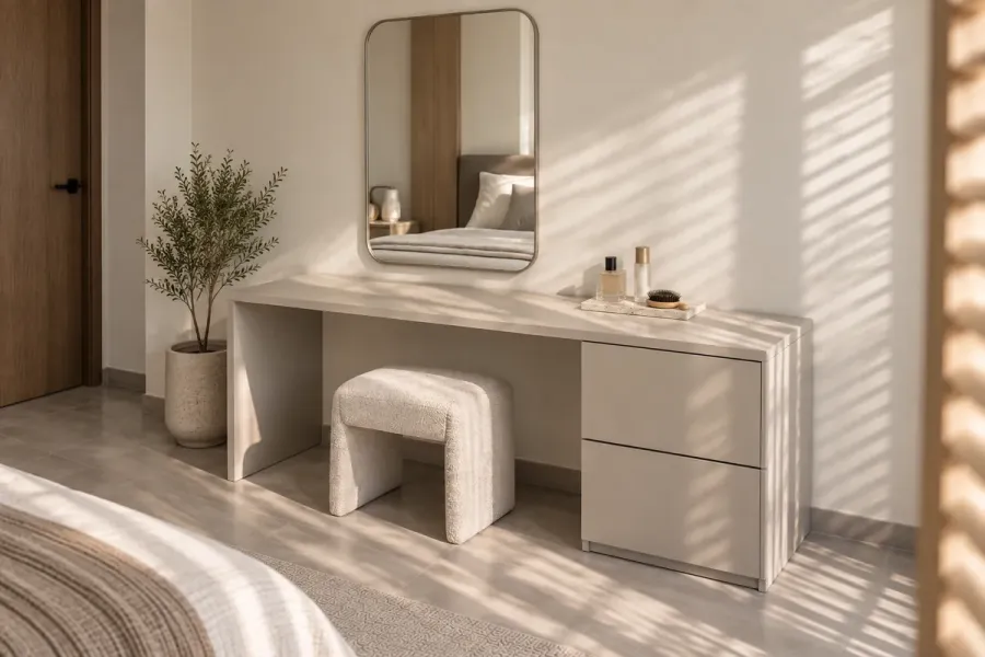 Khoảng tường quanh gương được để yên, giúp khu vực trang điểm có điểm dừng thay vì tiếp tục bằng tủ hoặc kệ phía trên.