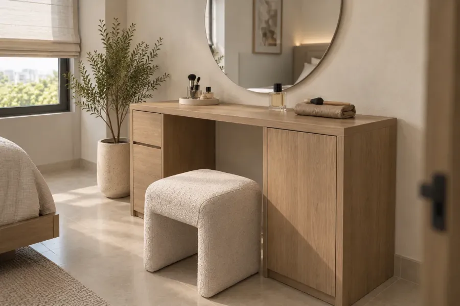 Hộc nông phù hợp với đồ nhỏ cần lấy nhanh; khoang tủ còn lại dành cho những món không cần bày trên mặt bàn.