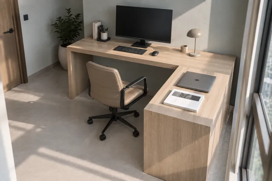Từ góc này mới thấy rõ một bên bàn dài để làm việc, bên ngắn dành thêm chỗ đặt laptop và tài liệu.