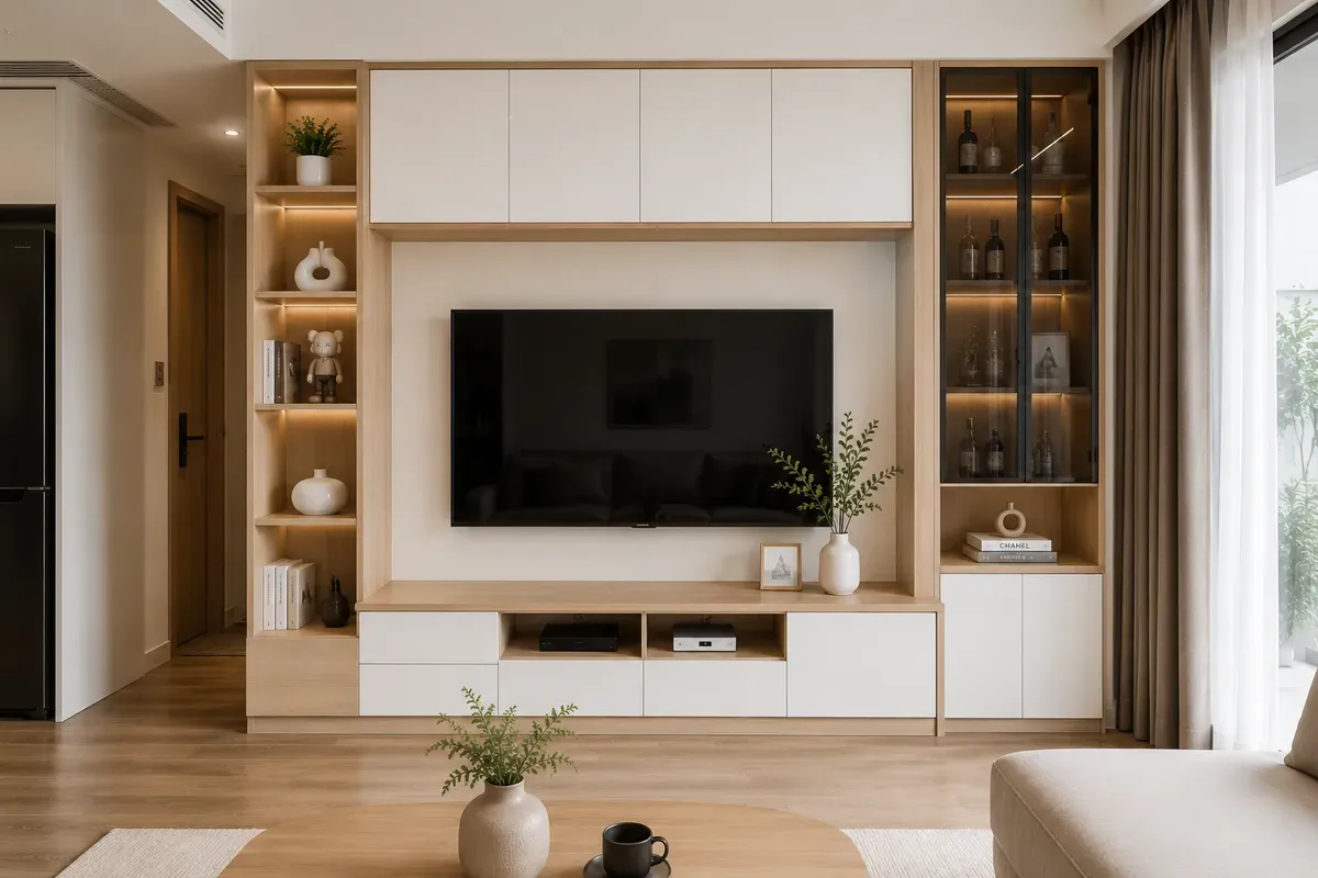 Hệ kệ tivi kết hợp tủ trang trí giúp tối ưu công năng và tạo điểm nhấn cho không gian sống.