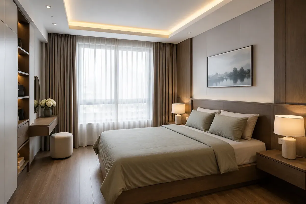 Hệ rèm và đèn hoàn thiện không gian phòng ngủ