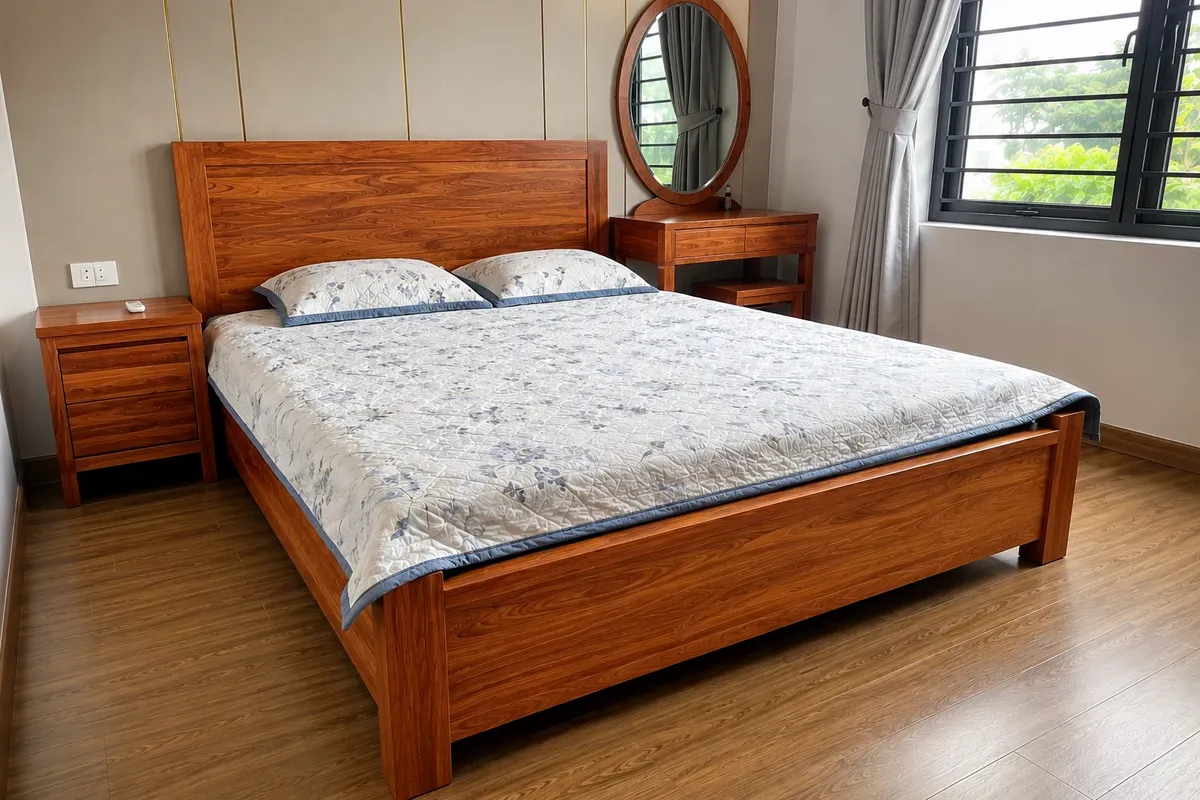 Hình ảnh thực tế giường ngủ gỗ gõ đỏ sau khi hoàn thiện và lắp đặt.