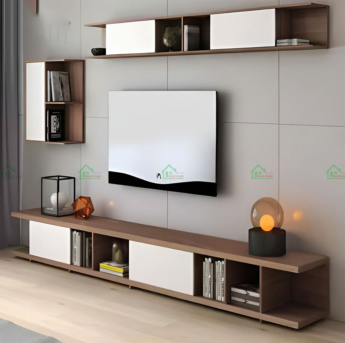 Thiết kế tối giản, hiện đại với sự kết hợp giữa tông màu nâu gỗ và trắng.
