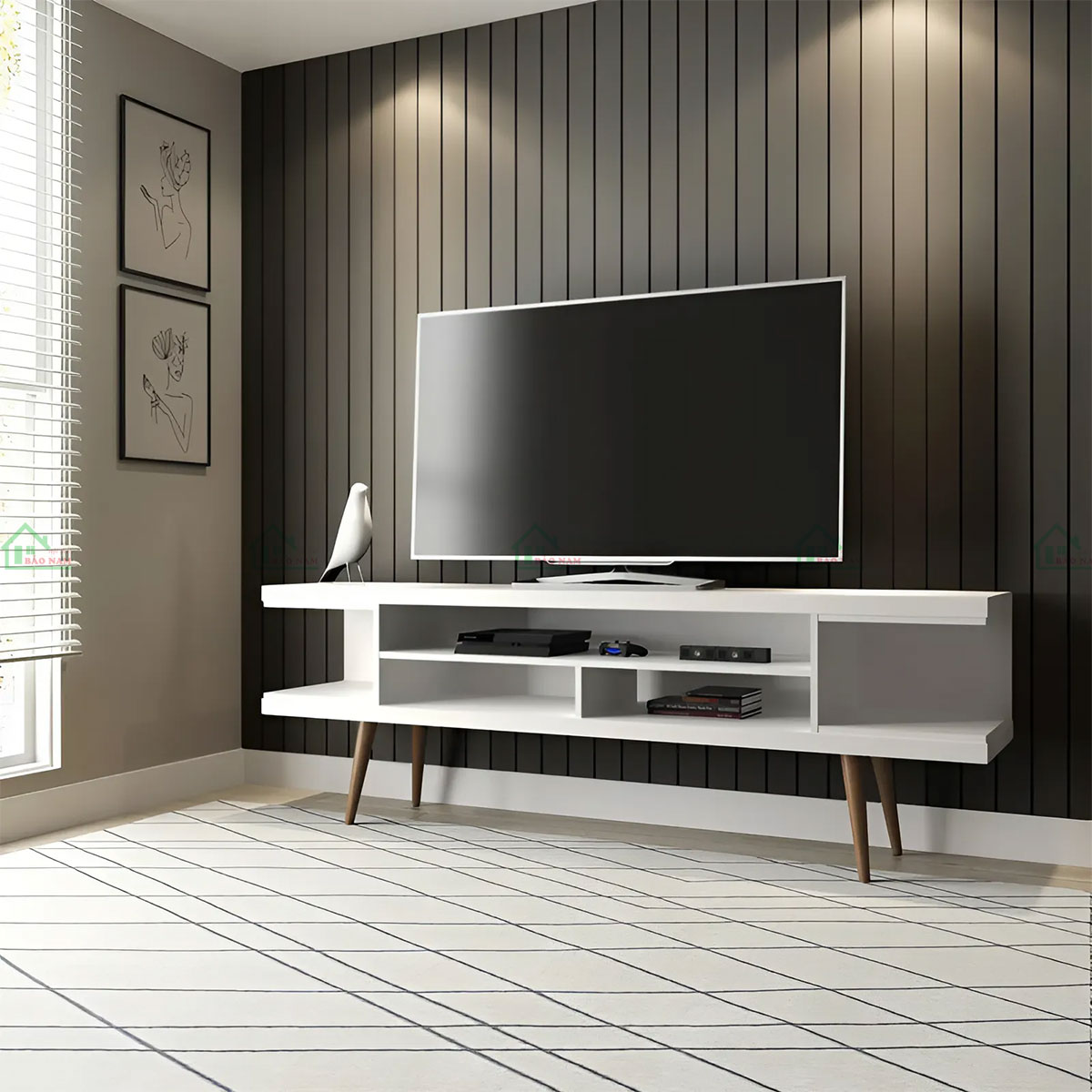 Thiết kế chân gỗ cao tạo điểm nhấn độc đáo, giúp kệ tivi thêm phần thanh thoát, nổi bật.
