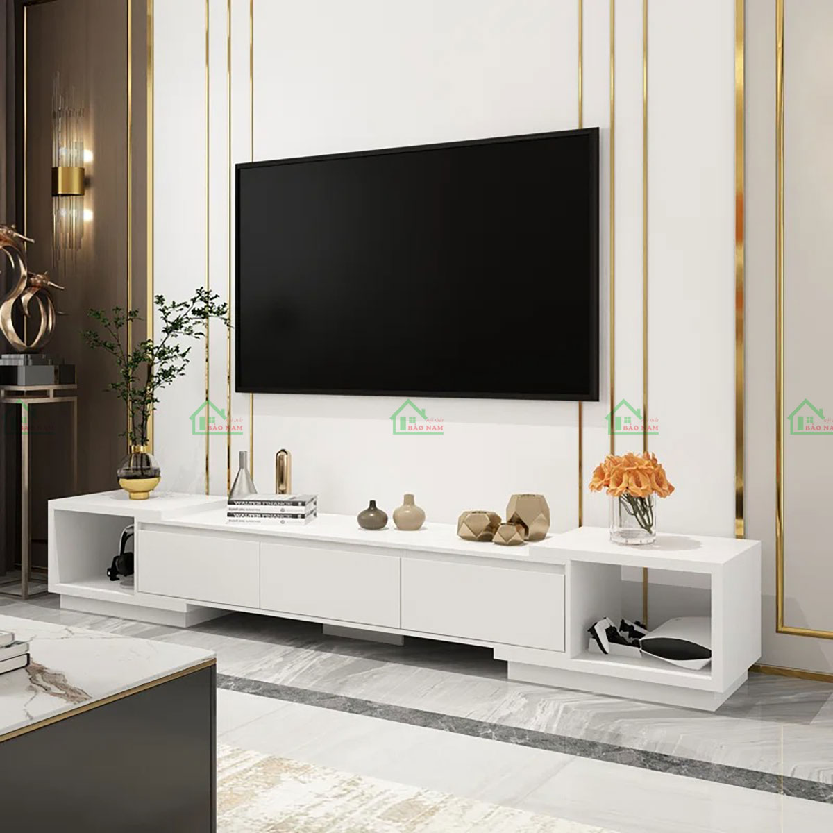 Kệ Tivi Gỗ MDF An Cường Màu Trắng Đẹp Hiện Đại PK28