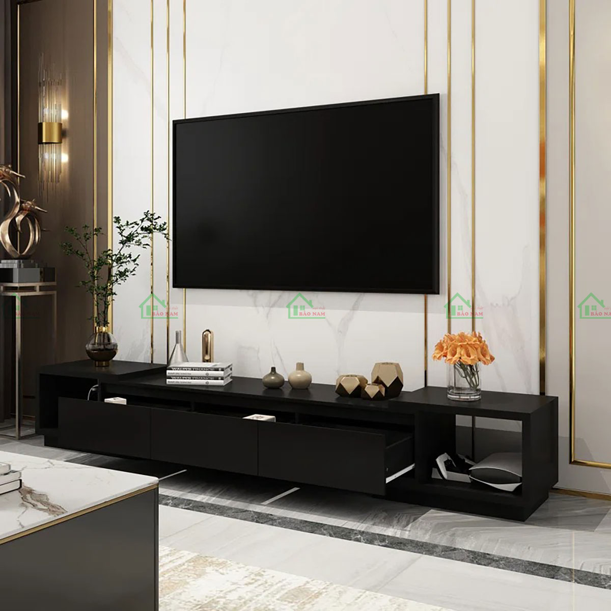 Kệ Tivi Gỗ MDF An Cường Màu Đen Tối Giản PK28