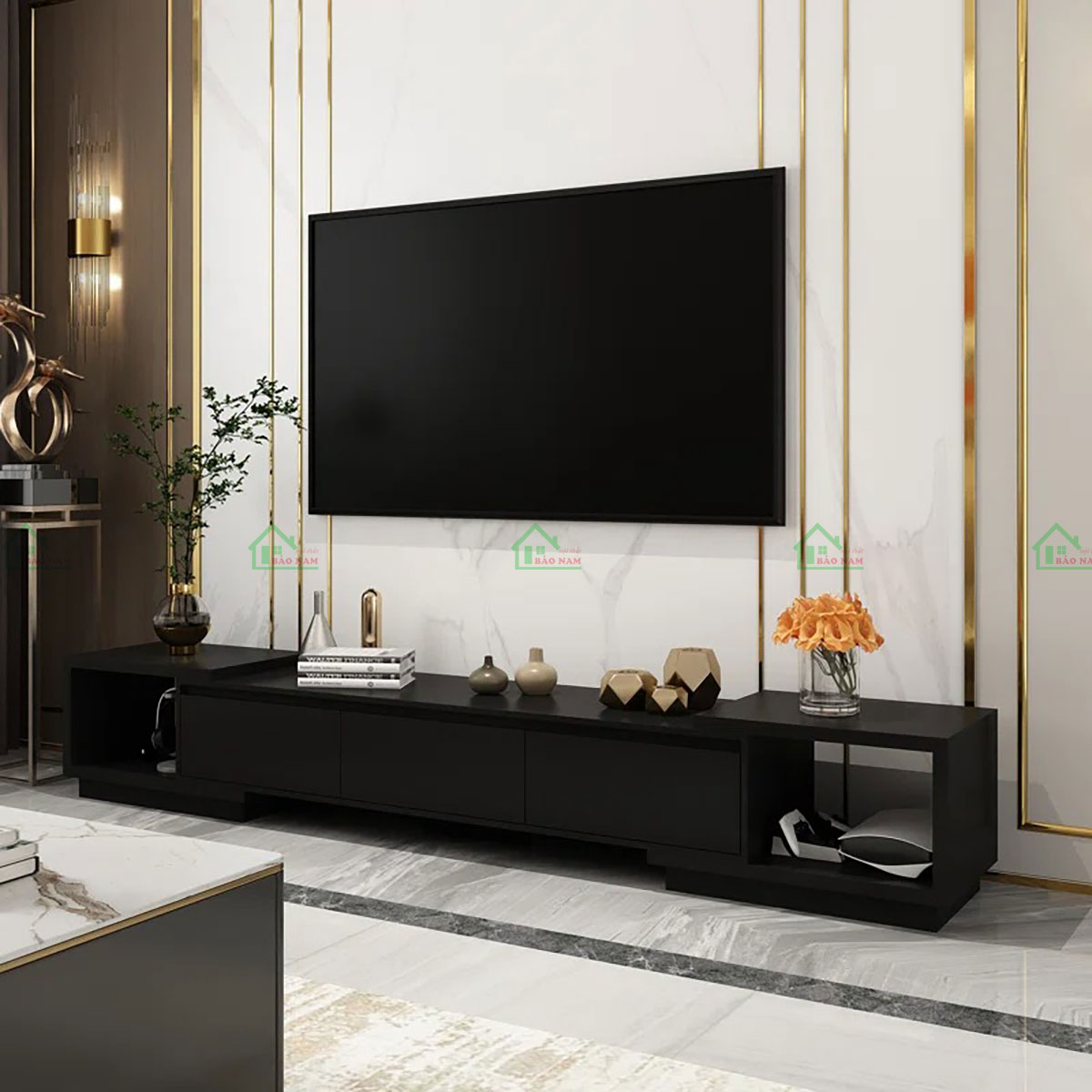 Kệ Tivi Gỗ MDF An Cường Màu Đen Tối Giản PK28