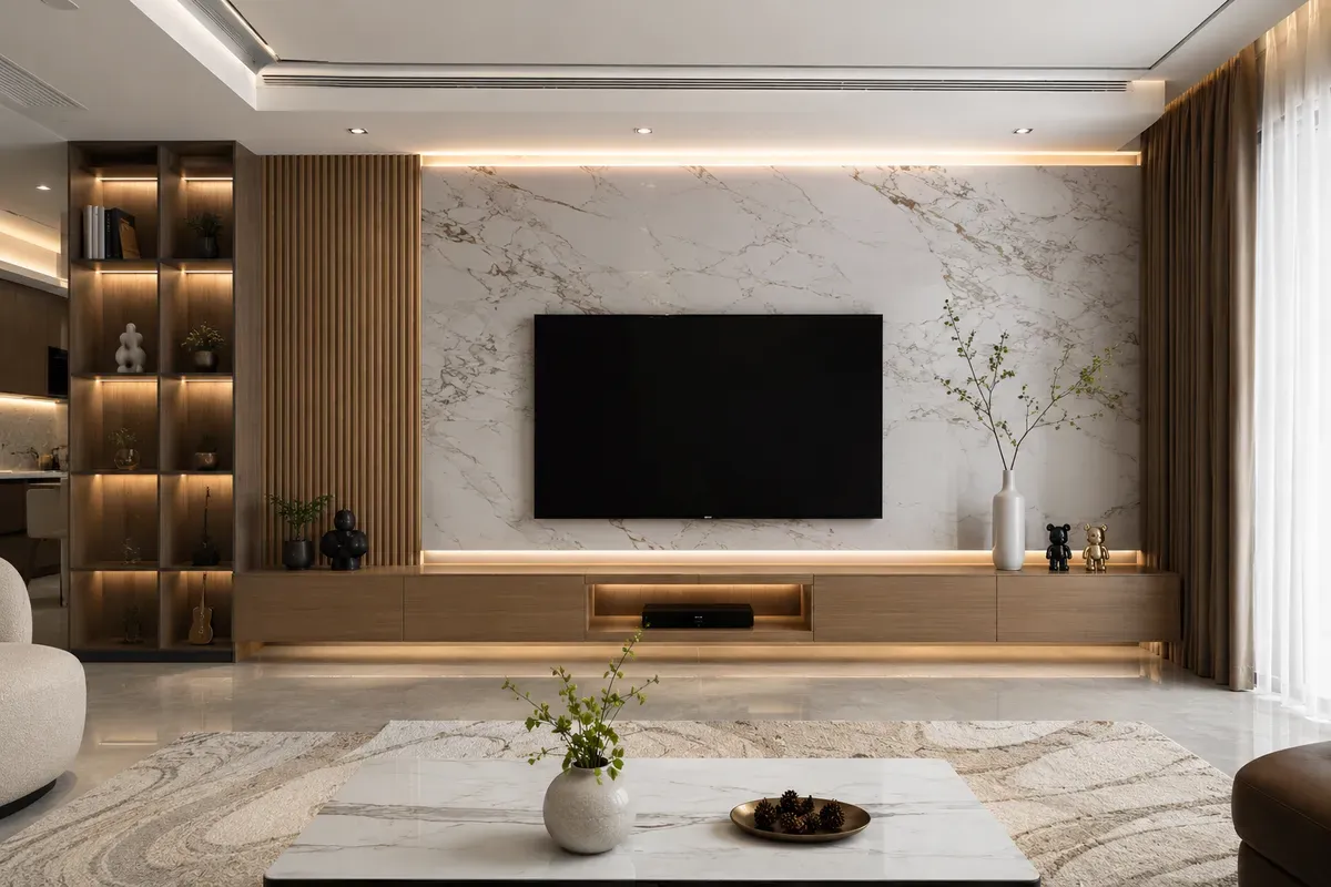 Kệ tivi kết hợp vách trang trí tạo điểm nhấn cho phòng khách hiện đại.