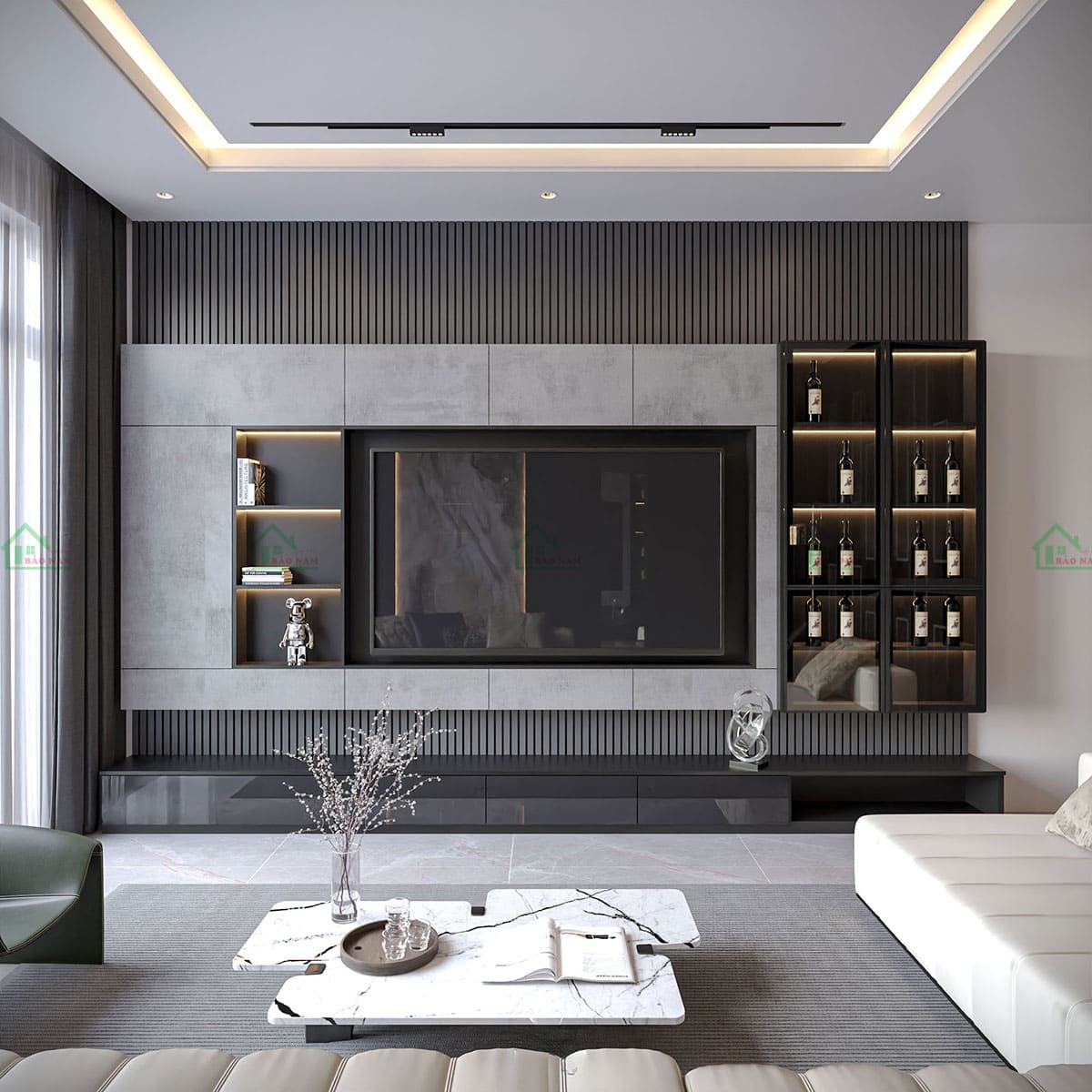 Mặt kệ tivi KTV57 làm từ acrylic bóng gương màu xám, sang trọng và dễ lau chùi.