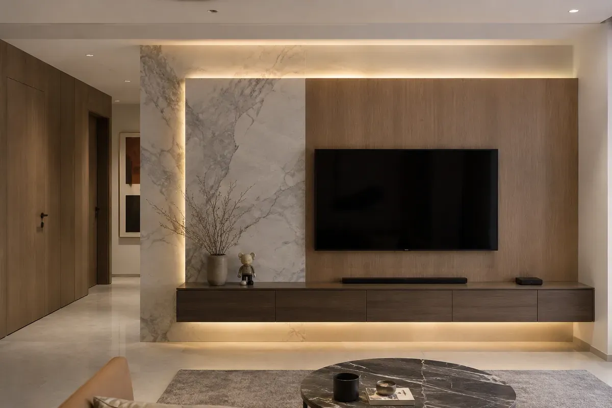 Kệ TV hiện đại tạo điểm nhấn và tăng tính thẩm mỹ cho phòng khách.