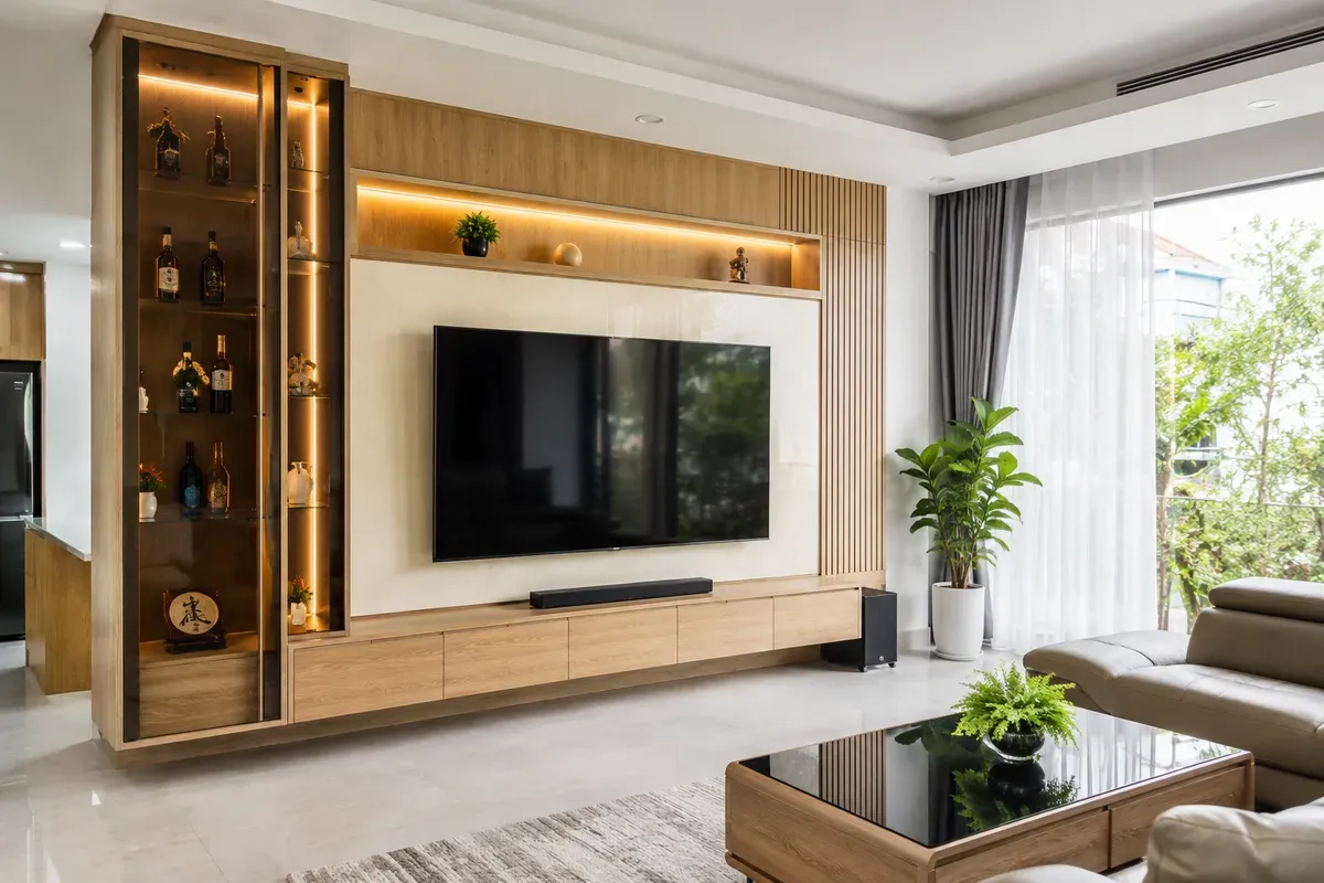 Kệ TV và tủ trang trí được sản xuất theo kích thước thực tế.
