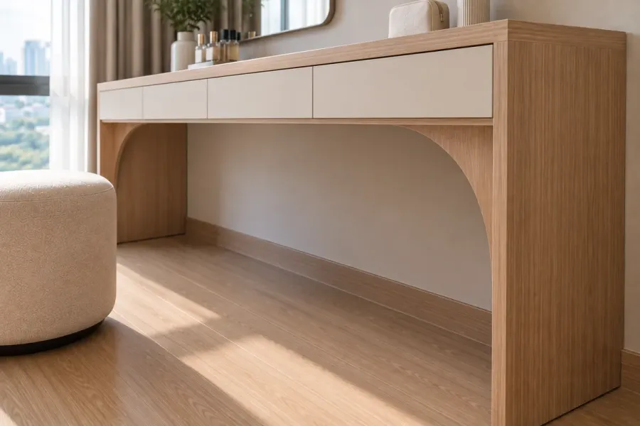 Phần lưu trữ dành cho các vật dụng nhỏ được bố trí mà vẫn giữ khoảng sử dụng phía dưới bàn.