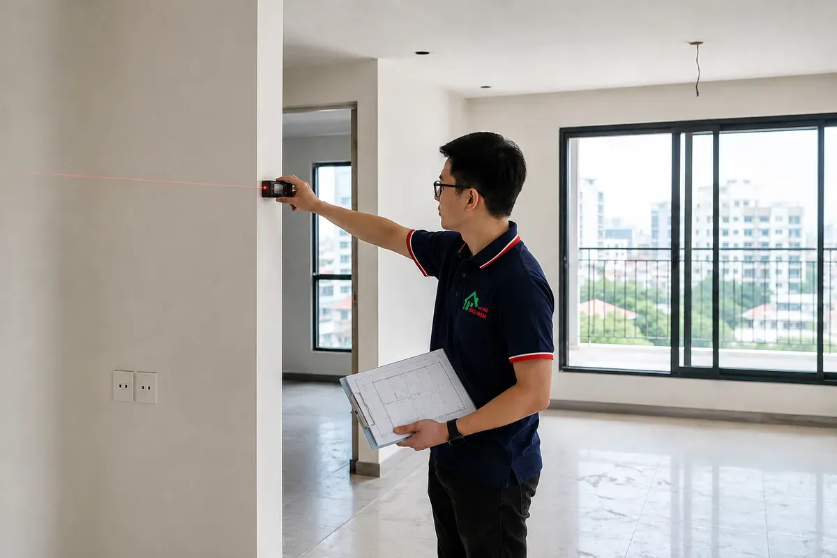 Đo đạc hiện trạng căn hộ trước khi sản xuất nội thất.