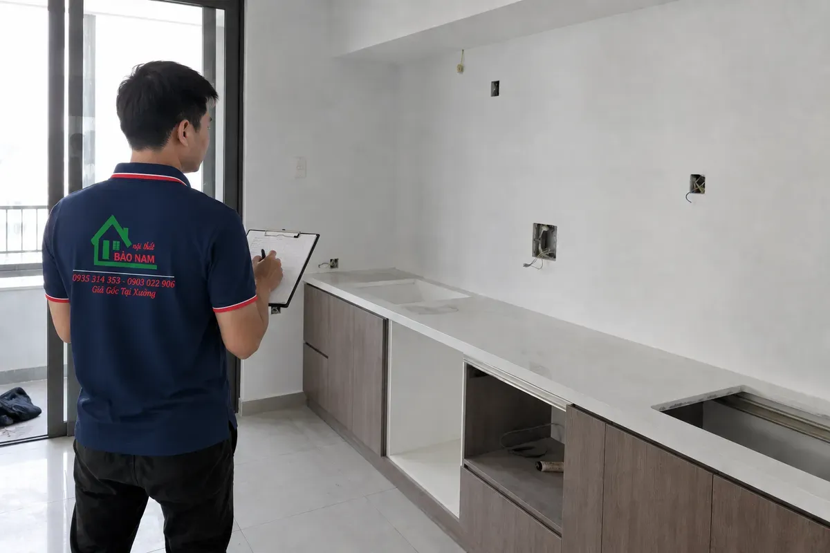 Khảo sát hiện trạng trước khi thi công tủ bếp gỗ.