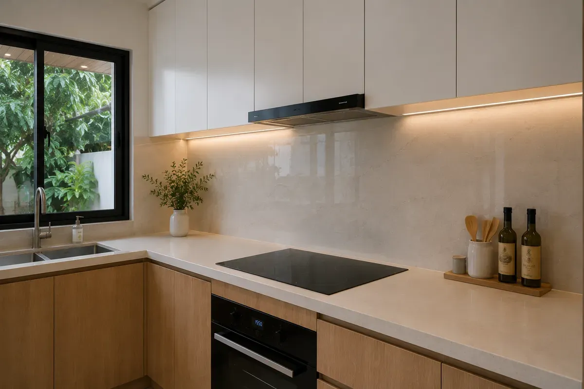 Khoảng cách hợp lý giữa tủ bếp trên và tủ bếp dưới tạo sự thoải mái khi nấu nướng.