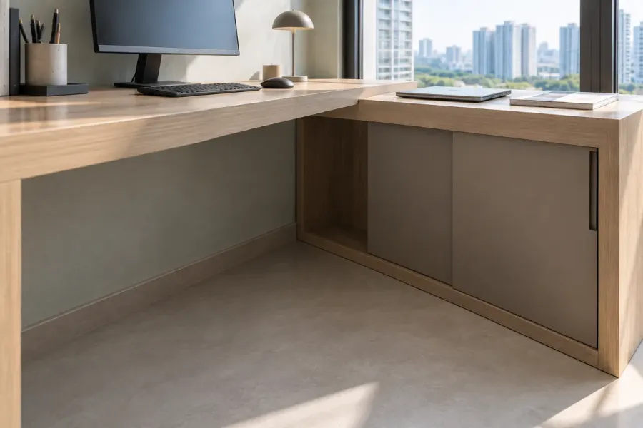 Tủ thấp được né sang bên phải nên khi kéo ghế vào, phía dưới bàn không bị vướng.