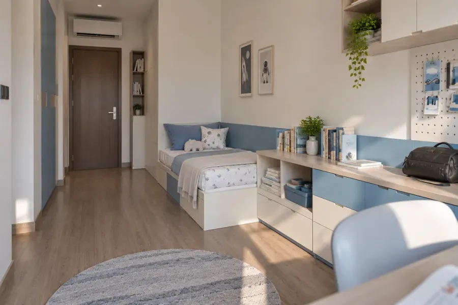 Từ khu học tập nhìn sang, phần giữa phòng được để thoáng thay vì tận dụng kín bằng đồ nội thất.