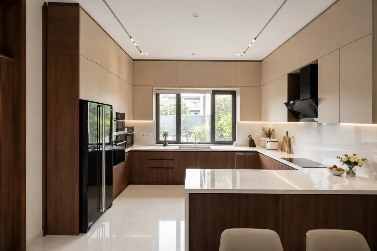 Thiết kế bếp chữ U tối ưu khu vực nấu nướng và lưu trữ.