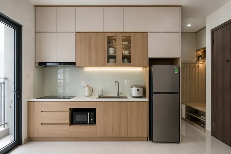 Tận dụng chiều cao và các khoang tủ giúp tăng sức chứa cho căn bếp nhỏ.