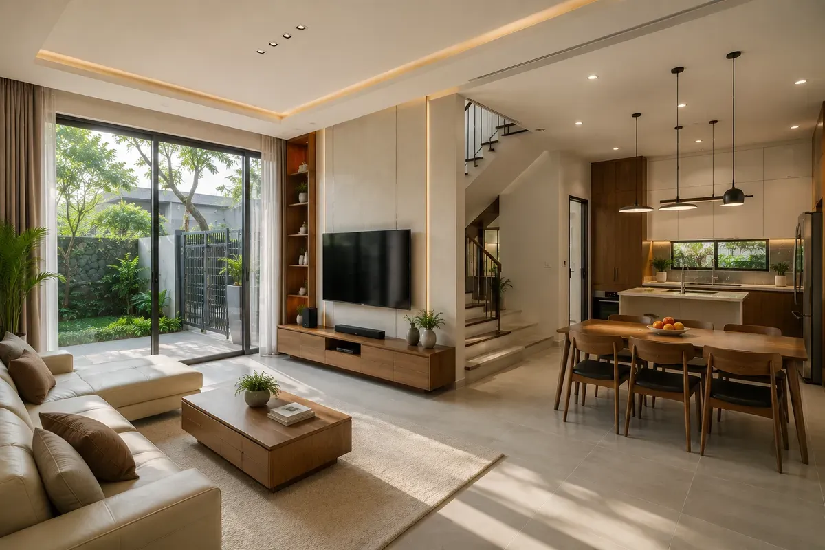 Thiết kế không gian mở giúp kết nối phòng khách, bếp và khu vực ăn uống.