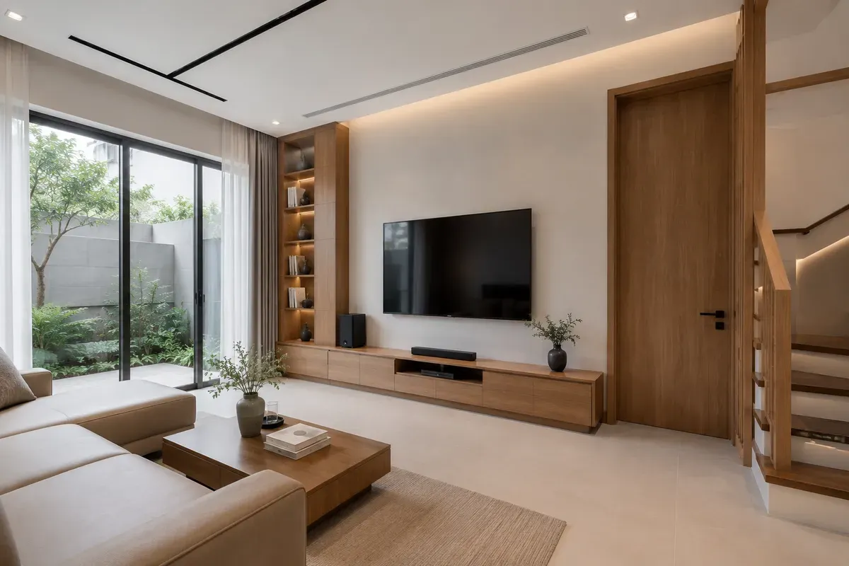 Không gian hiện đại với bố cục mạch lạc, đường nét rõ ràng và vật liệu cao cấp.