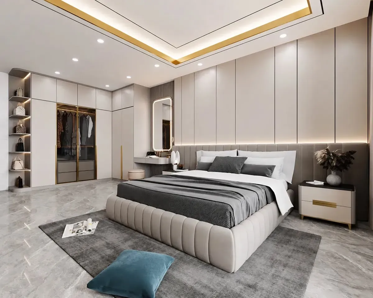 Sự đồng bộ giữa giường ngủ, tủ quần áo và bàn trang điểm giúp phòng ngủ hài hòa hơn