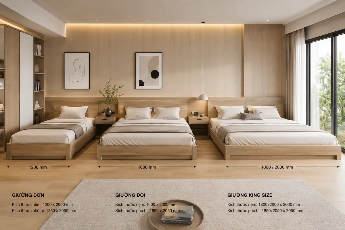 Các kích thước giường gỗ công nghiệp phổ biến giúp lựa chọn mẫu giường phù hợp với diện tích phòng ngủ.