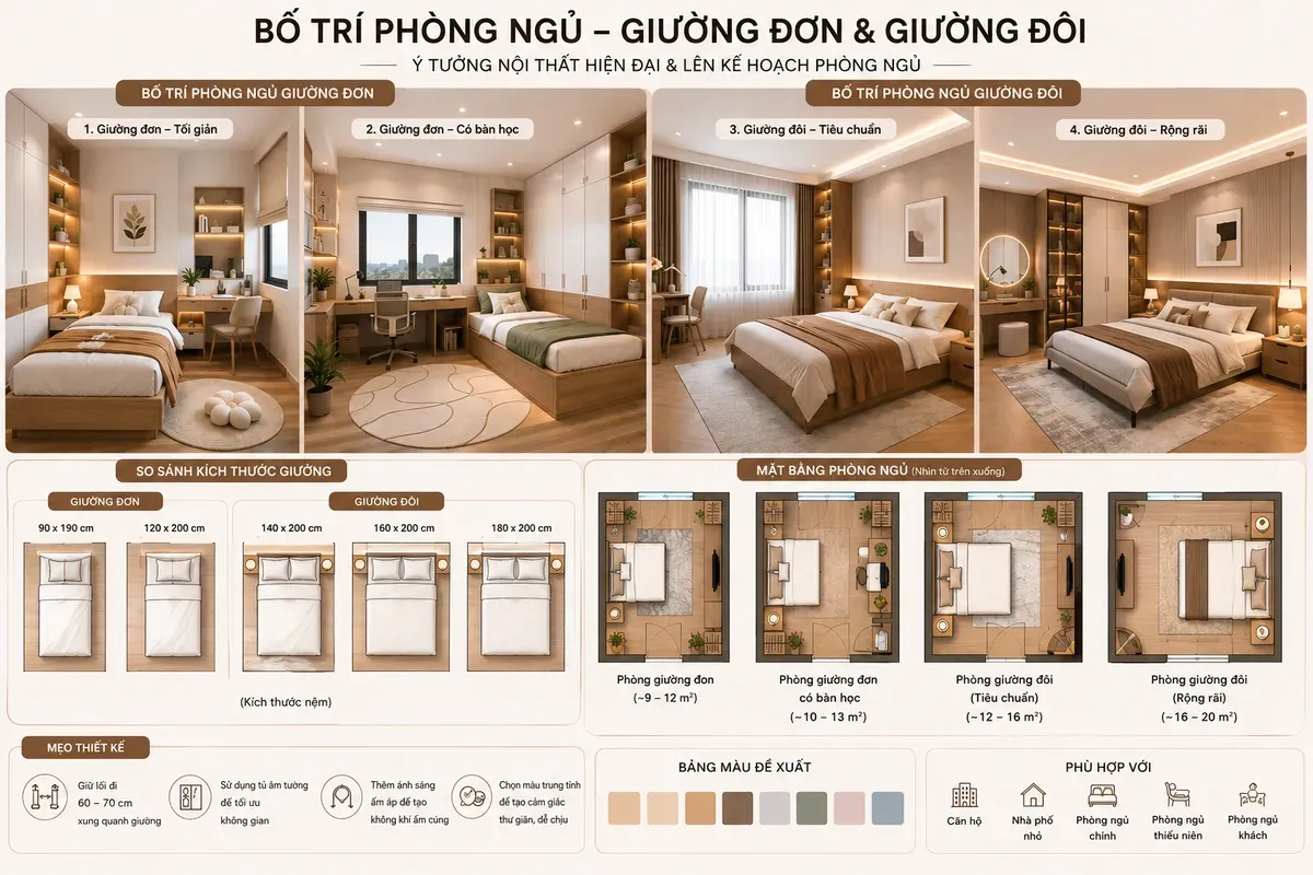 Các kích thước giường ngủ được lựa chọn phù hợp với từng diện tích phòng