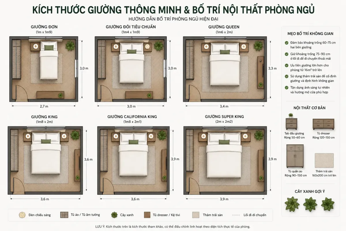 Lựa chọn kích thước giường phù hợp giúp cân đối không gian và tăng sự thoải mái.