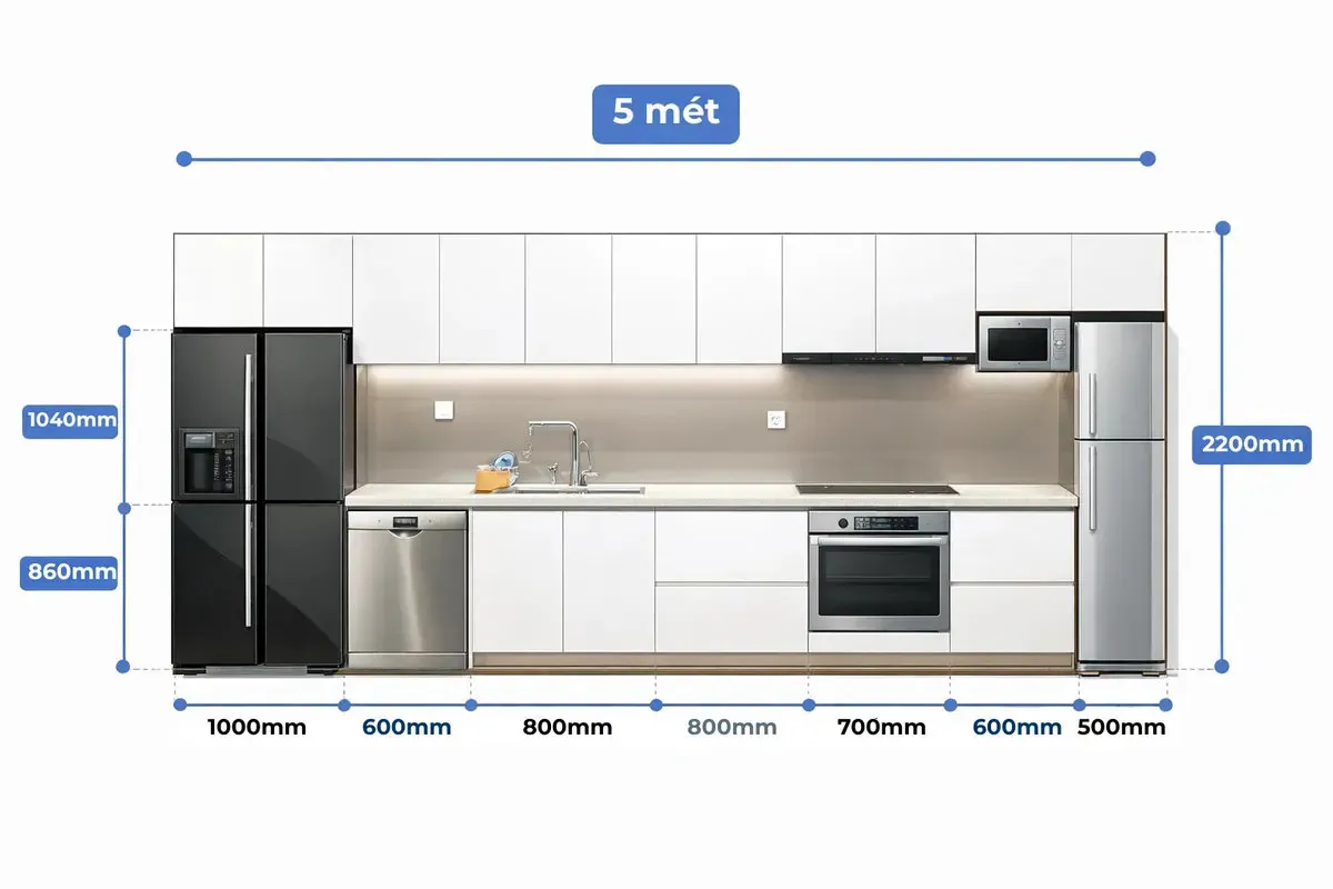 kích thước tủ bếp dài 4 mét 5 mét phổ biến