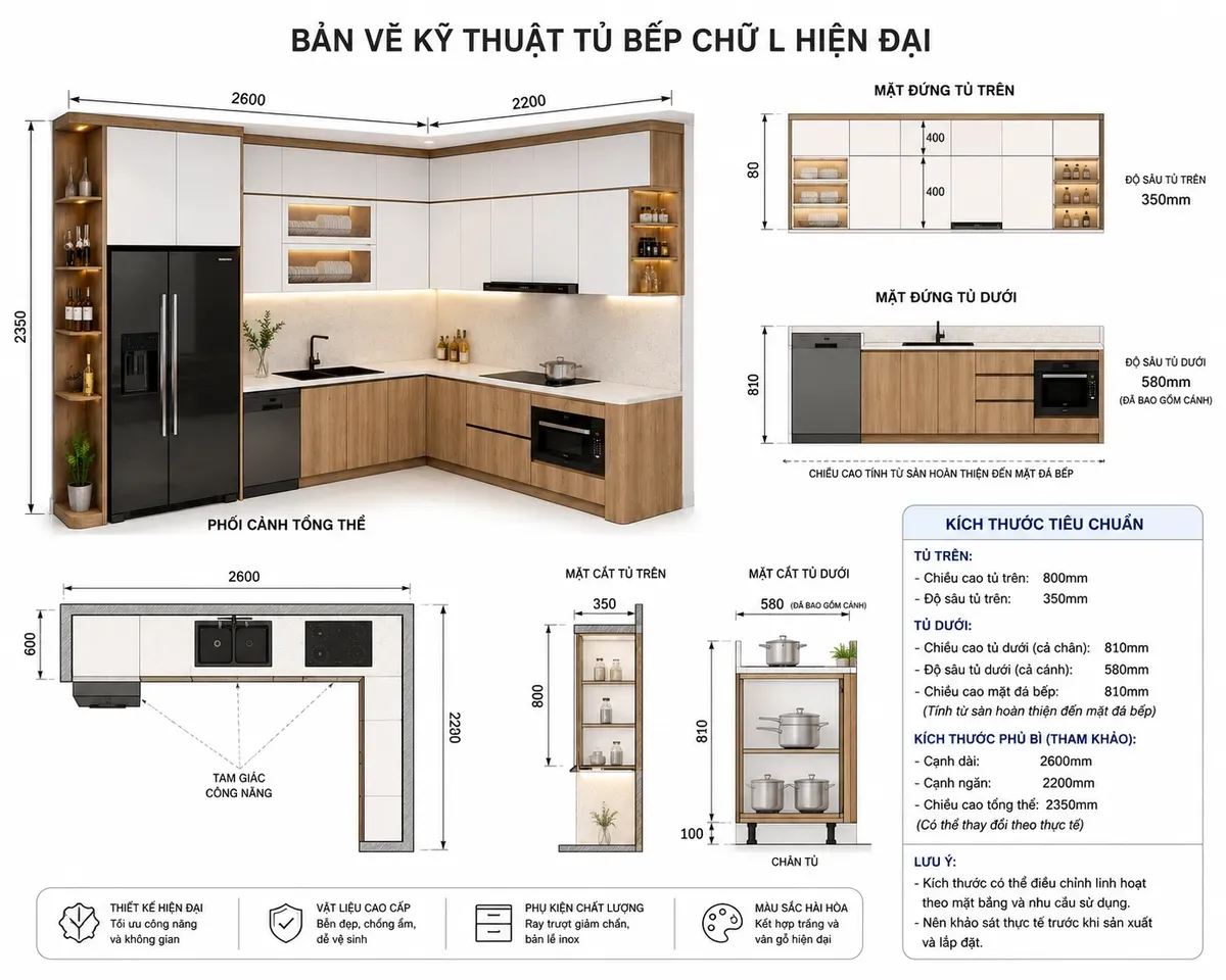 Kích thước tủ bếp cần được tính toán phù hợp với diện tích thực tế