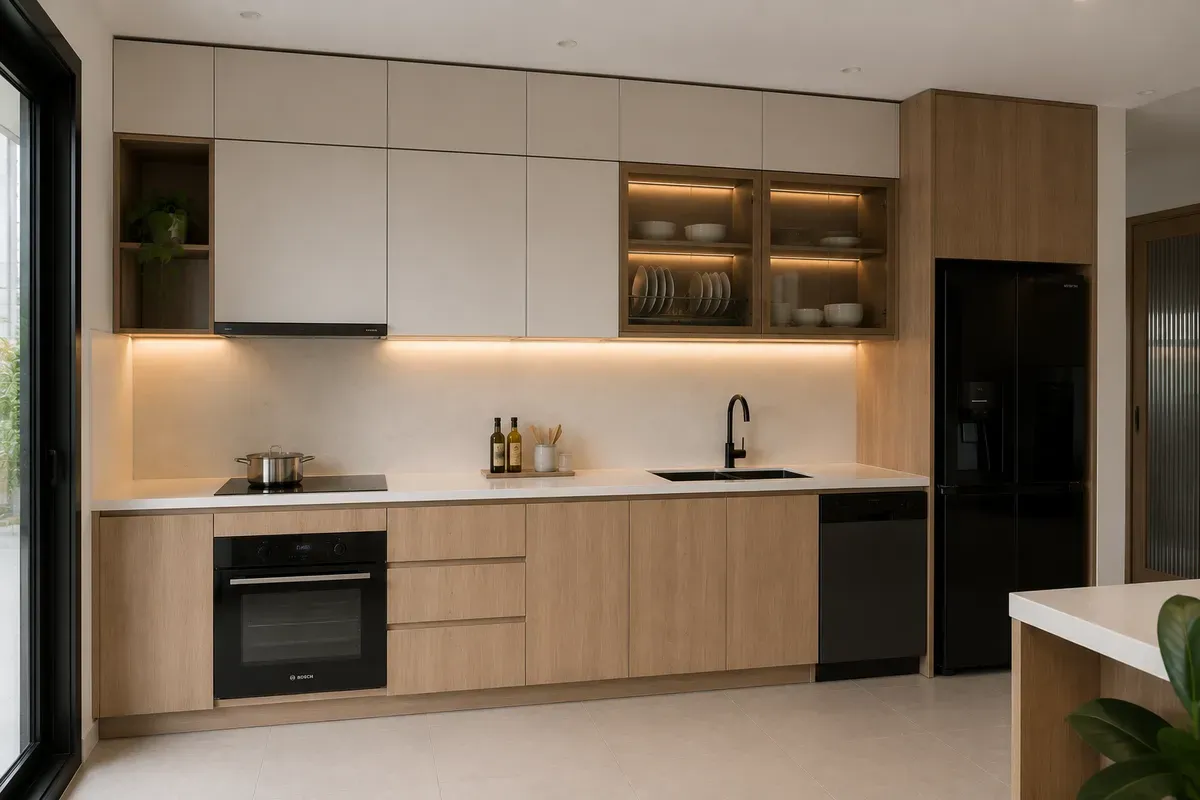 Hệ tủ bếp dưới được thiết kế theo kích thước tiêu chuẩn, tối ưu công năng sử dụng.